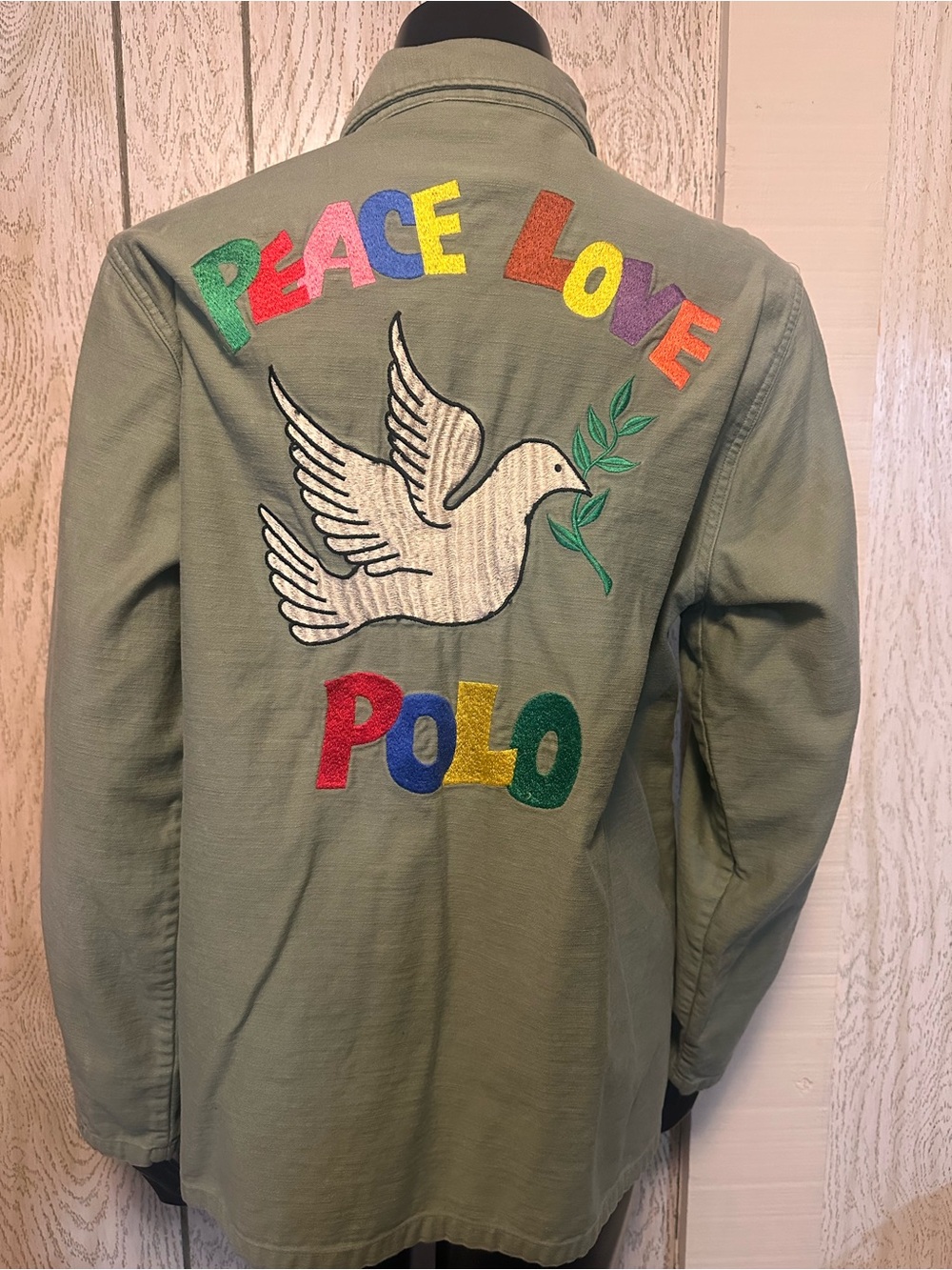 Polo Ralph Lauren Peace Love Embroidered Military Green Shirt/Jacket Shacket - Picture 5 of 5